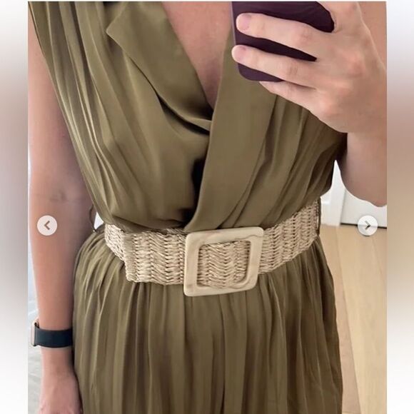 Zara olive green satin effect jumpsuit with belt - Picture 3 of 11